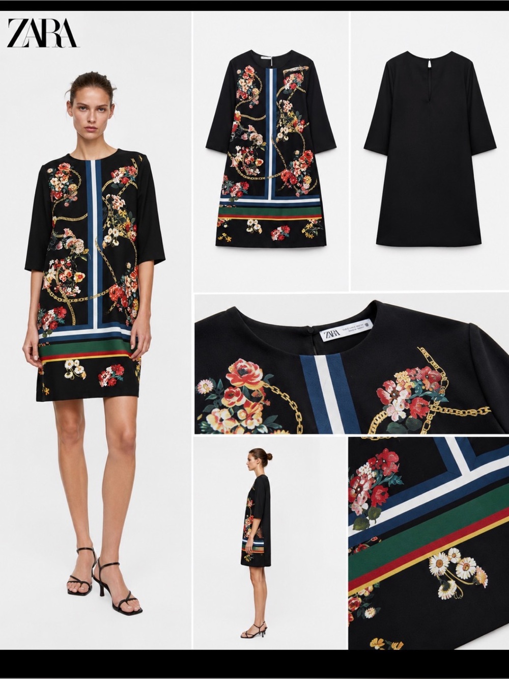 Zara Black Floral Chain-Print Shift Dress with Blue and Green Stripes